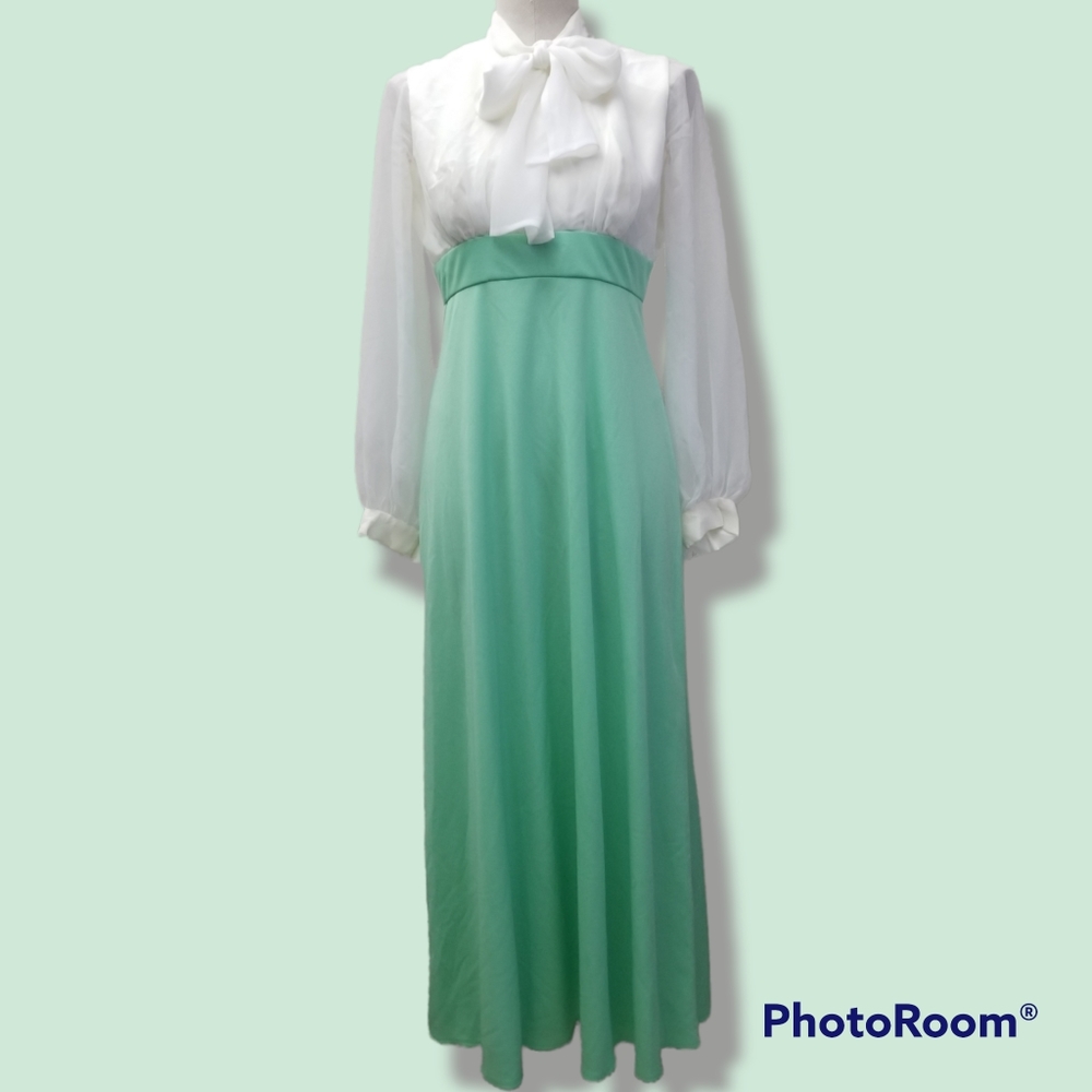 VTG Mesh Sleeve Tie Neck Maxi Dress